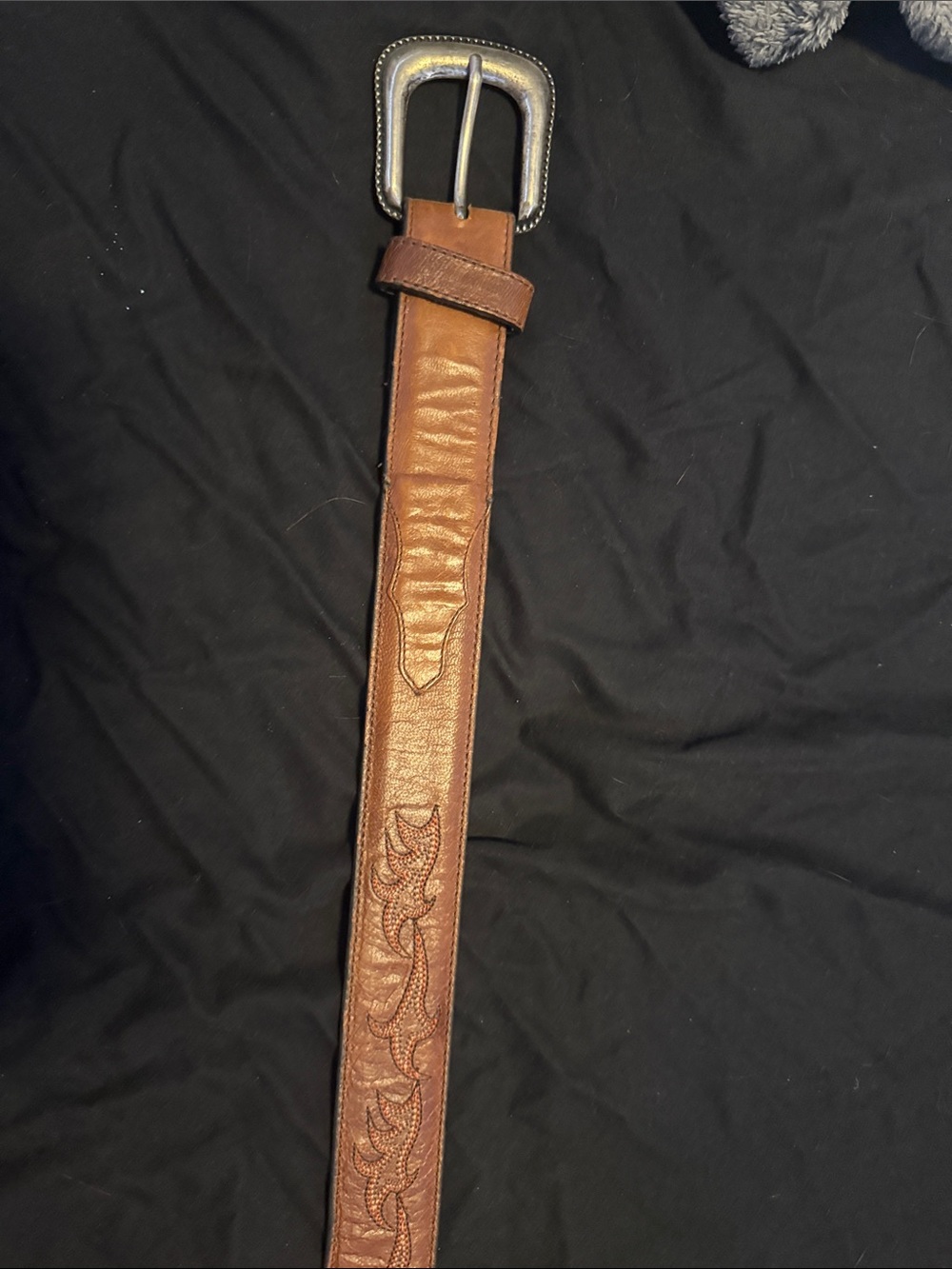 Buckle Embossed Brown Leather Belt with Silver Buckle